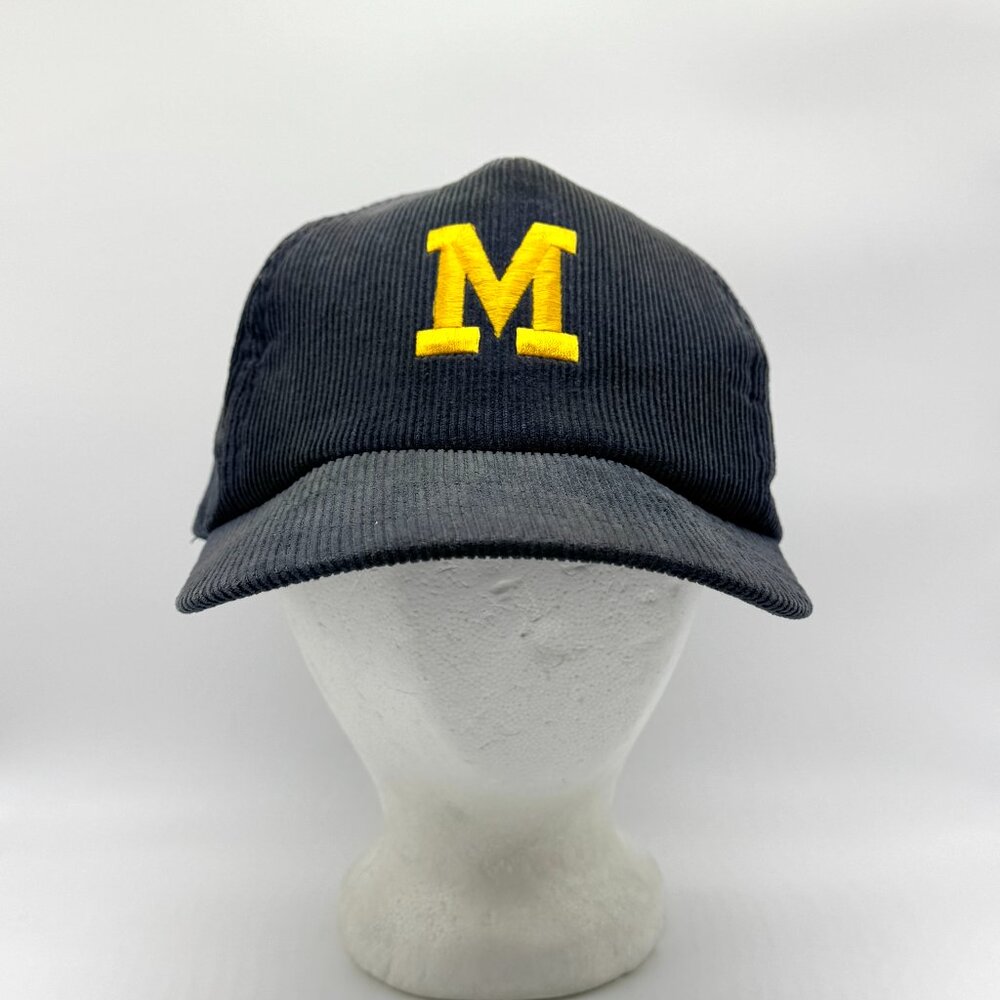 University Of Michigan Vintage Corduroy Snapback Hat Blue Spellout UofM Football